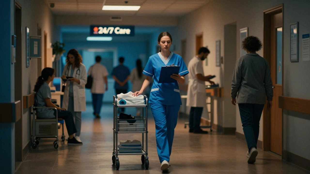 Медсестра йде нічною зміною по коридору лікарні в Києві.