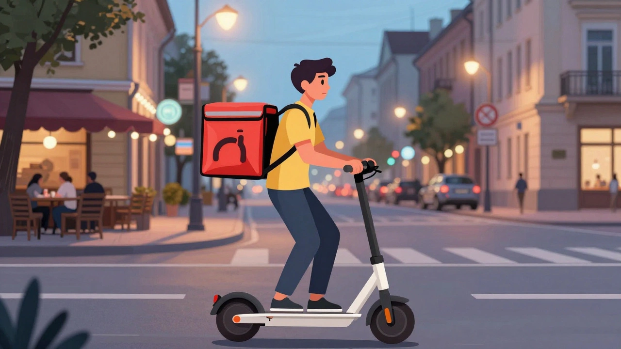 Молодий кур’єр на електросамокаті доставляє їжу вночі в Києві.