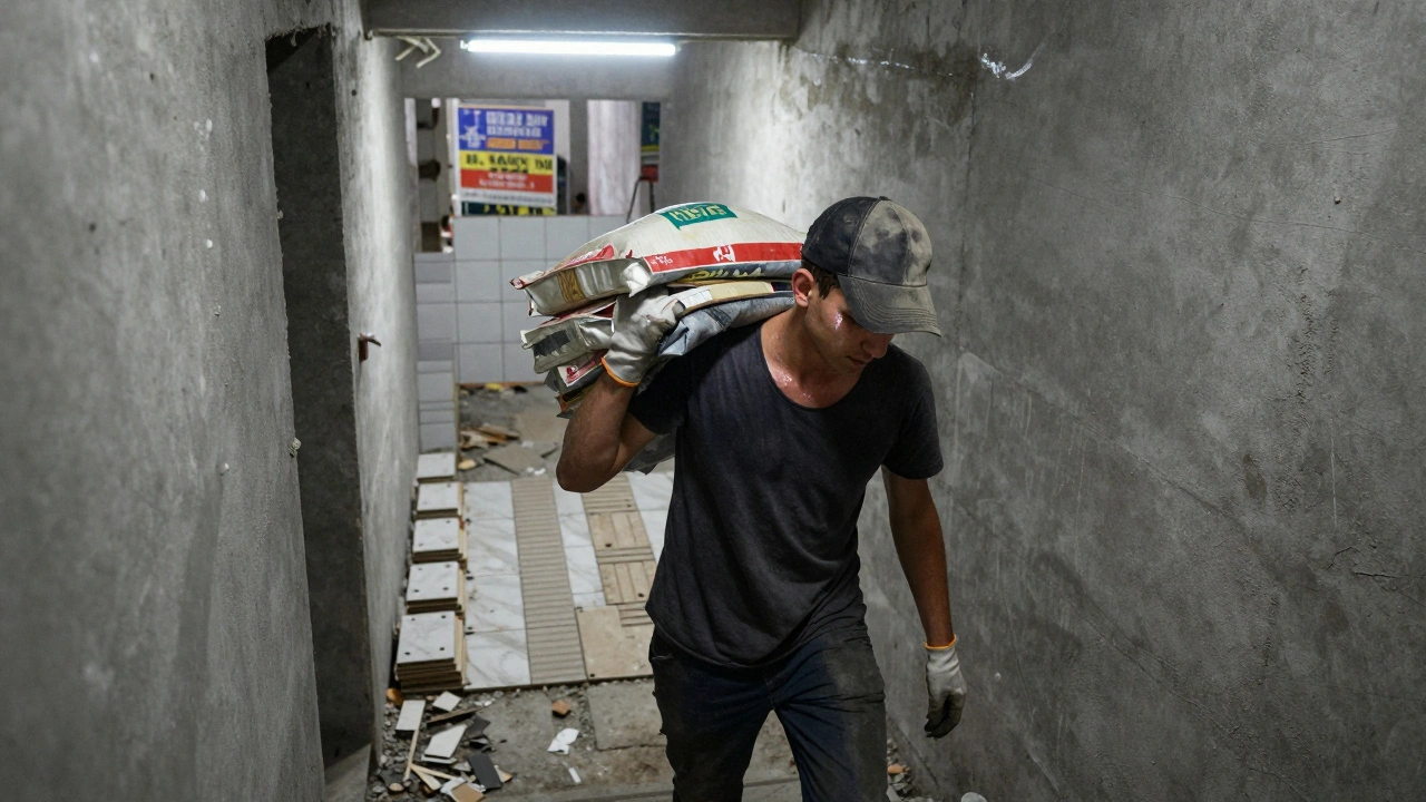 Молодий помічник плиточника несе матеріали по будівельній сході у новобудові Києва.