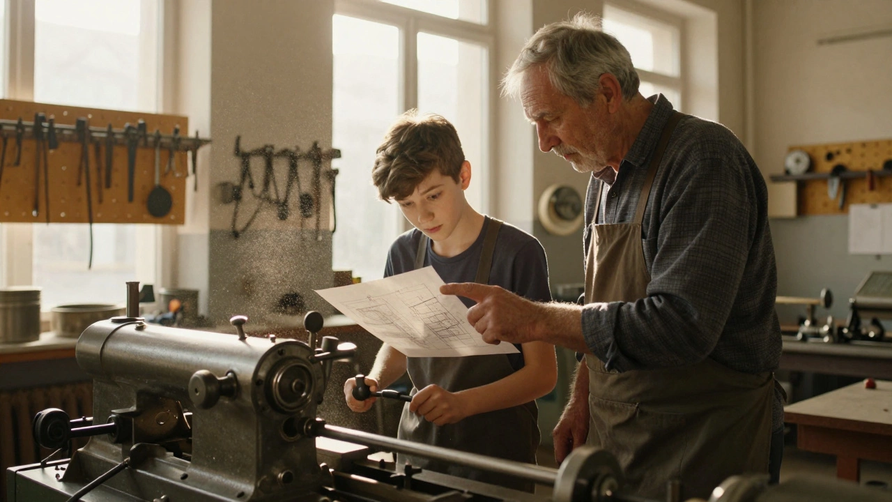 Молодий учень вчиться у ветерана-токаря в майстерні, обидва дивляться на креслення.