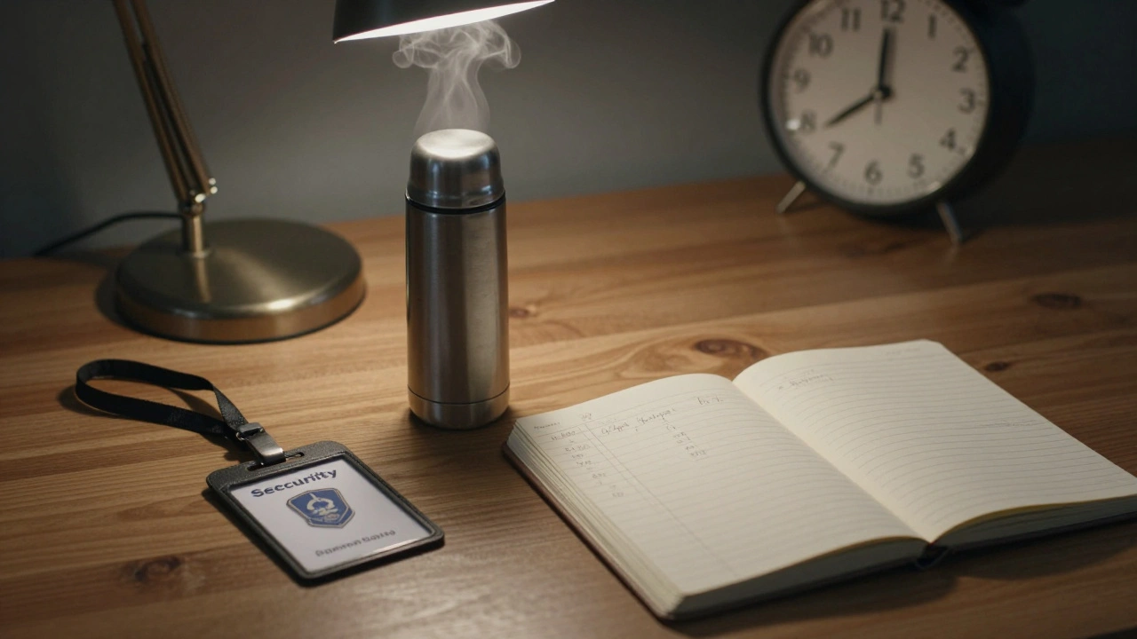 На столі лежать пропуск, термос і зошит з записами зміни — символ стабільної роботи охоронця.