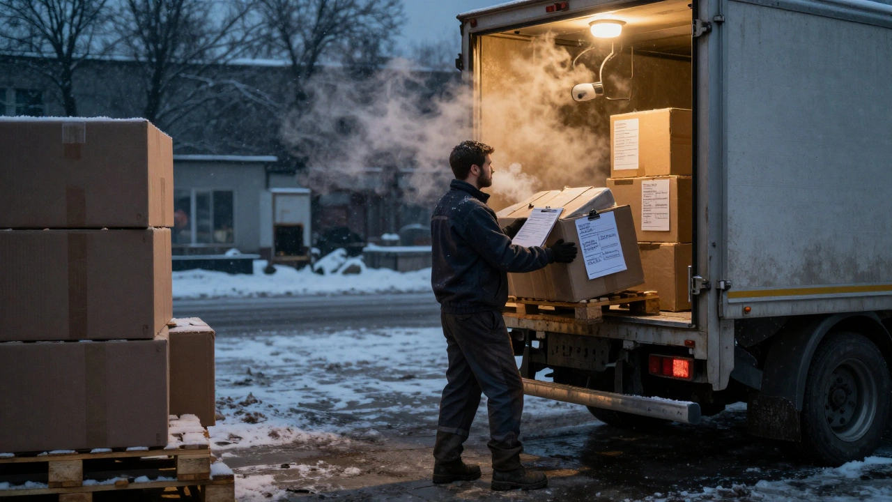 Нічний кладовщик розвантажує вантаж у Києві під світлом ламп, за вікном — сніг, холодно.
