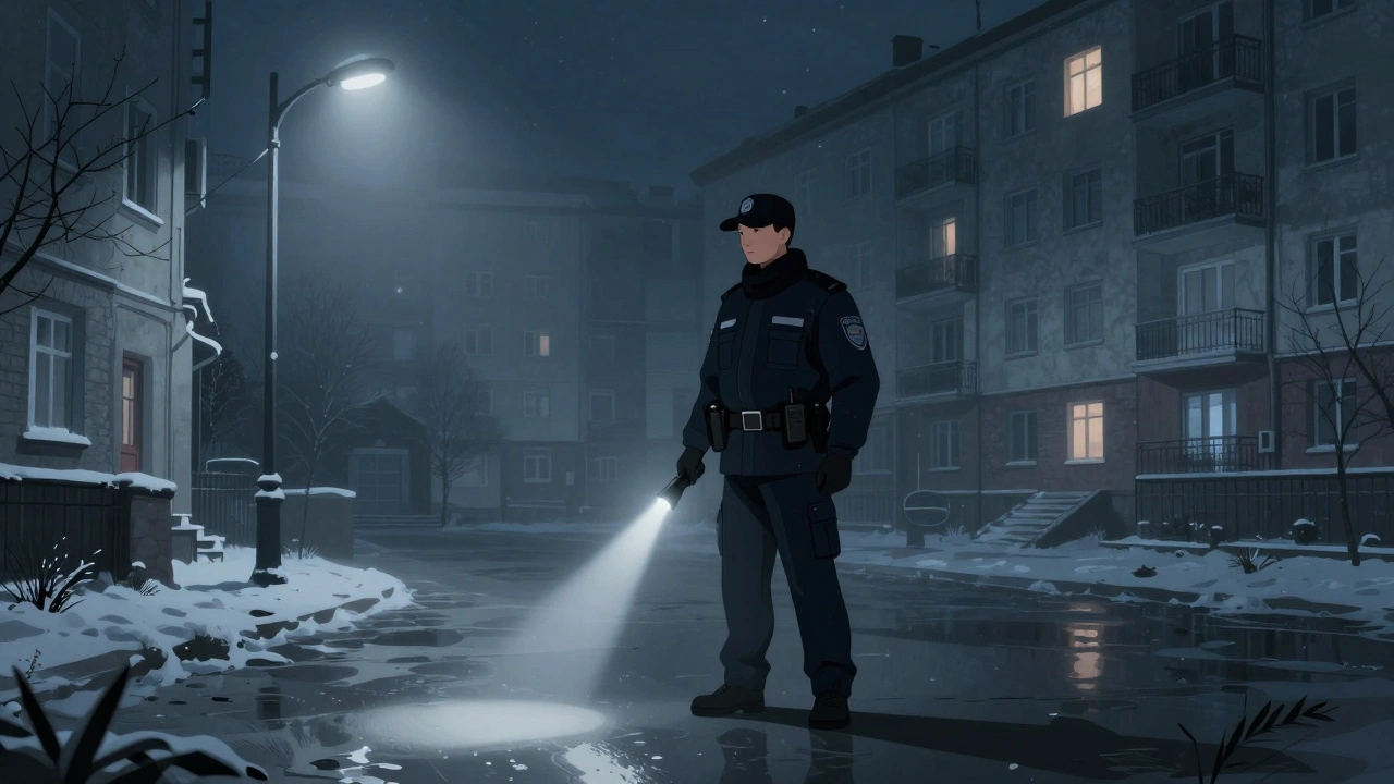 Нічний охоронець патрулює двір житлового будинку з ліхтарем.