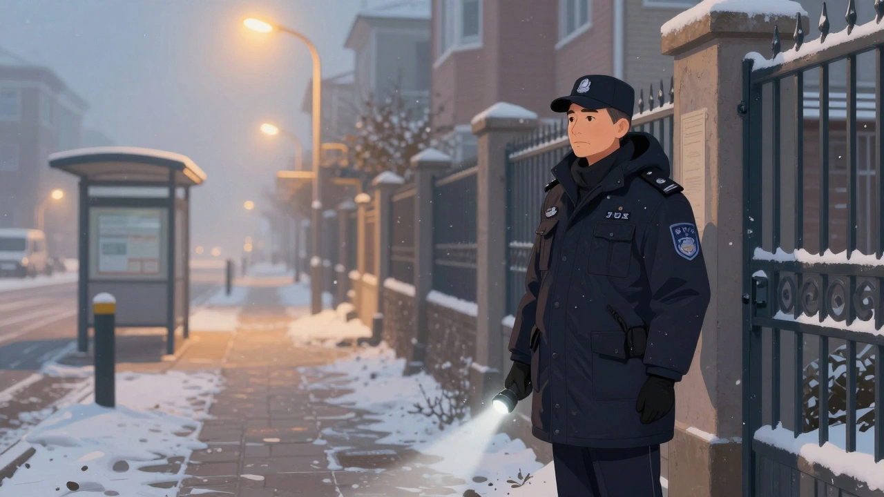 Охоронець 55 років стоїть біля воріт житлового будинку на світанку, сніг падає, на задньому плані — автобусна зупинка.