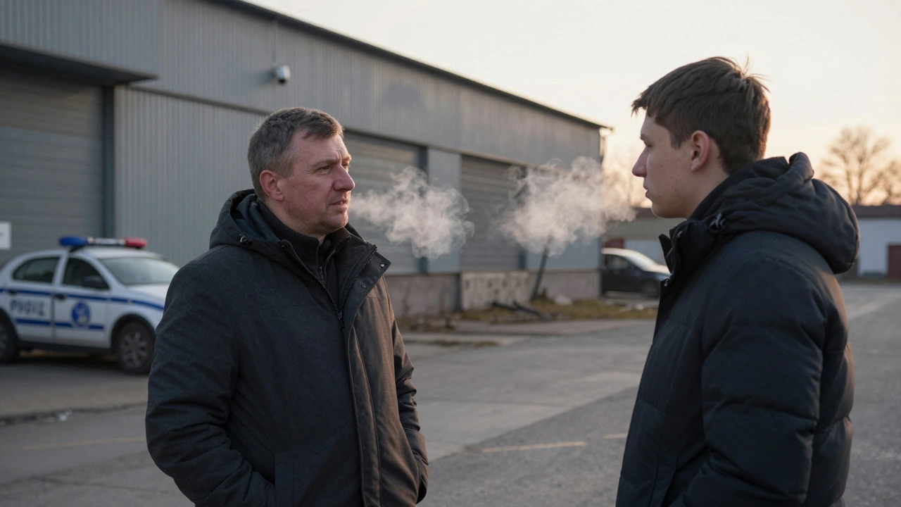 Охоронець розмовляє з кандидатом біля промислового складу в Дарницькому районі Києва.