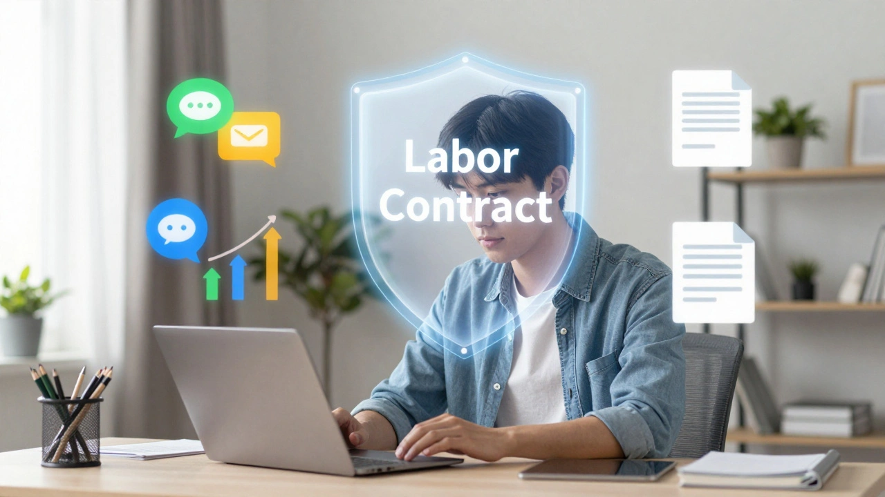 Підліток працює онлайн з ноутбука, навколо — ікони відповідей і соцмереж.