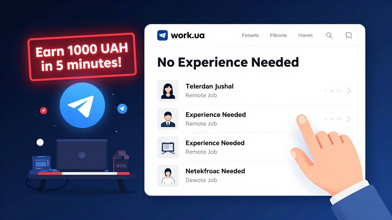 Порівняння: зліва — підозрілий Telegram-канал з обіцянками грошей, праворуч — чистий сайт Work.ua з вакансіями без досвіду.