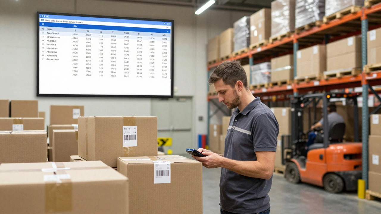 Працівник складу в Києві сканує товари, а на екрані — дані з системи 1С.