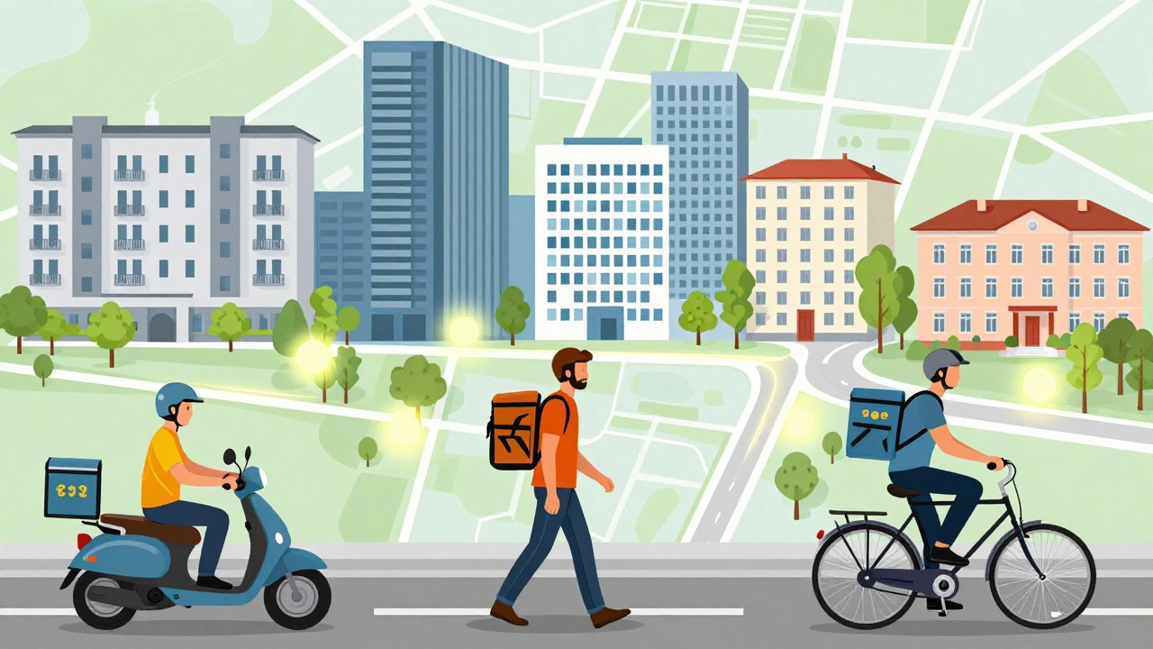 Різні кур'єри в різних районах Києва: на скутері, пішки, на велосипеді.