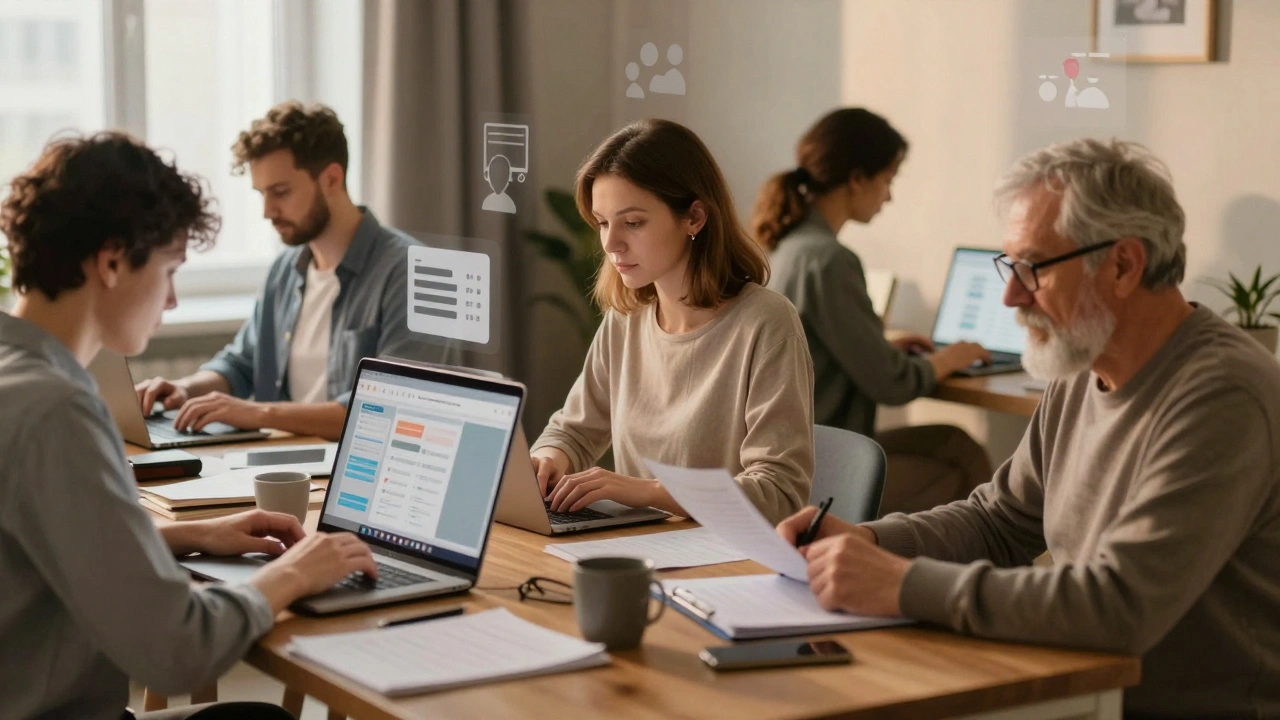 Різні люди в Києві працюють вдома: транскрибатор, модератор і асистент, у теплому вечірньому світлі, без текстів і написів.