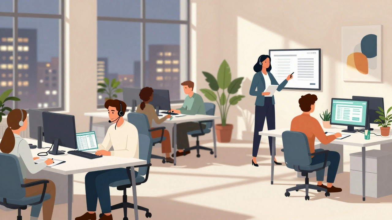 Різні працівники офісу в Києві: оператор, бухгалтер, HR і маркетолог працюють у сучасному просторі.