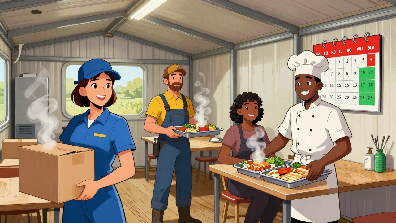 Різноманітна команда робітників їдять разом у спільній їдальні на вахті в Києві.