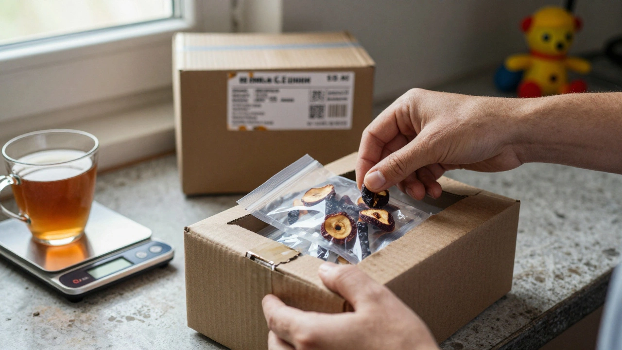 Рука кладе запечатаний пакет сухофруктів у коробку для відправки.