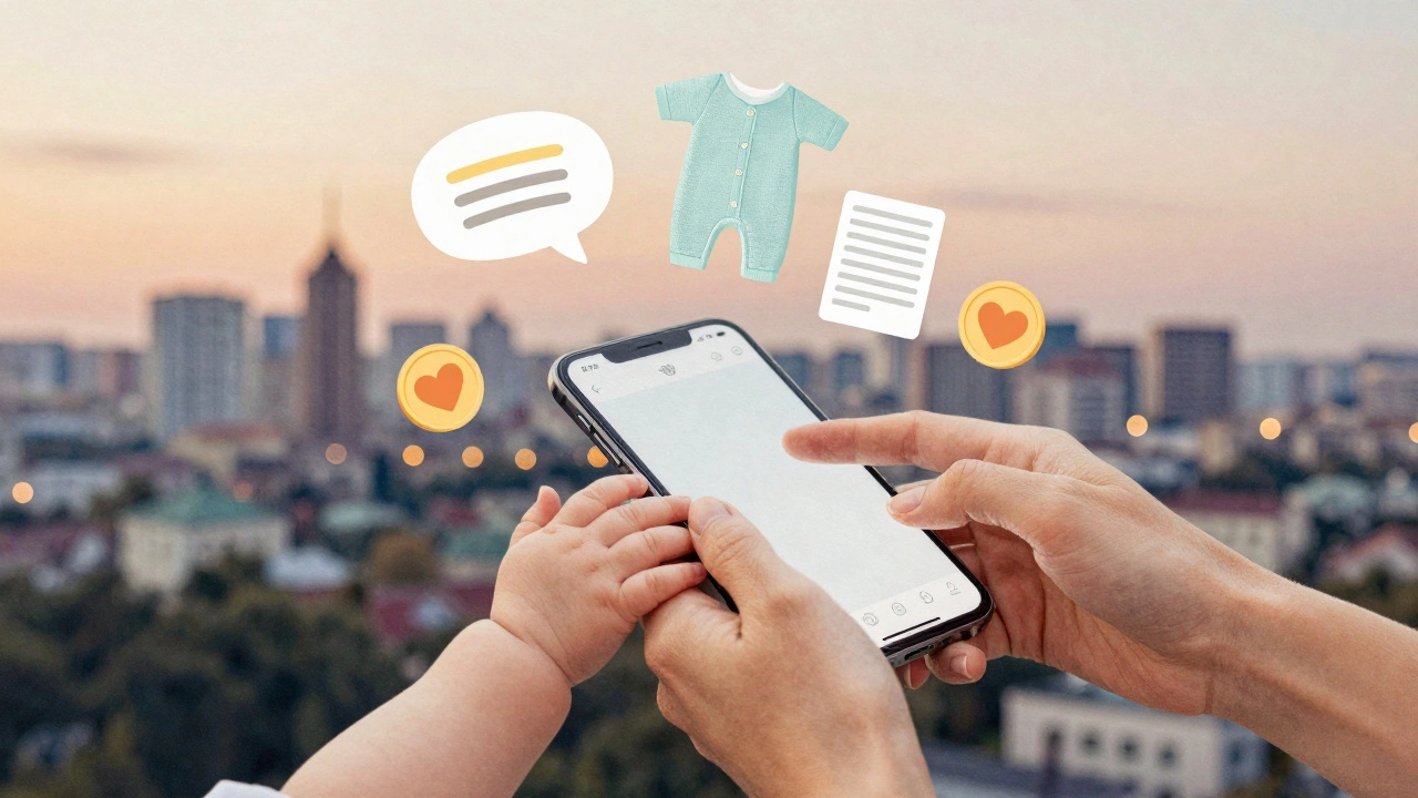 Рука мами тримає руку дитини, а інша пише на телефоні — символ поєднання материнства та роботи.