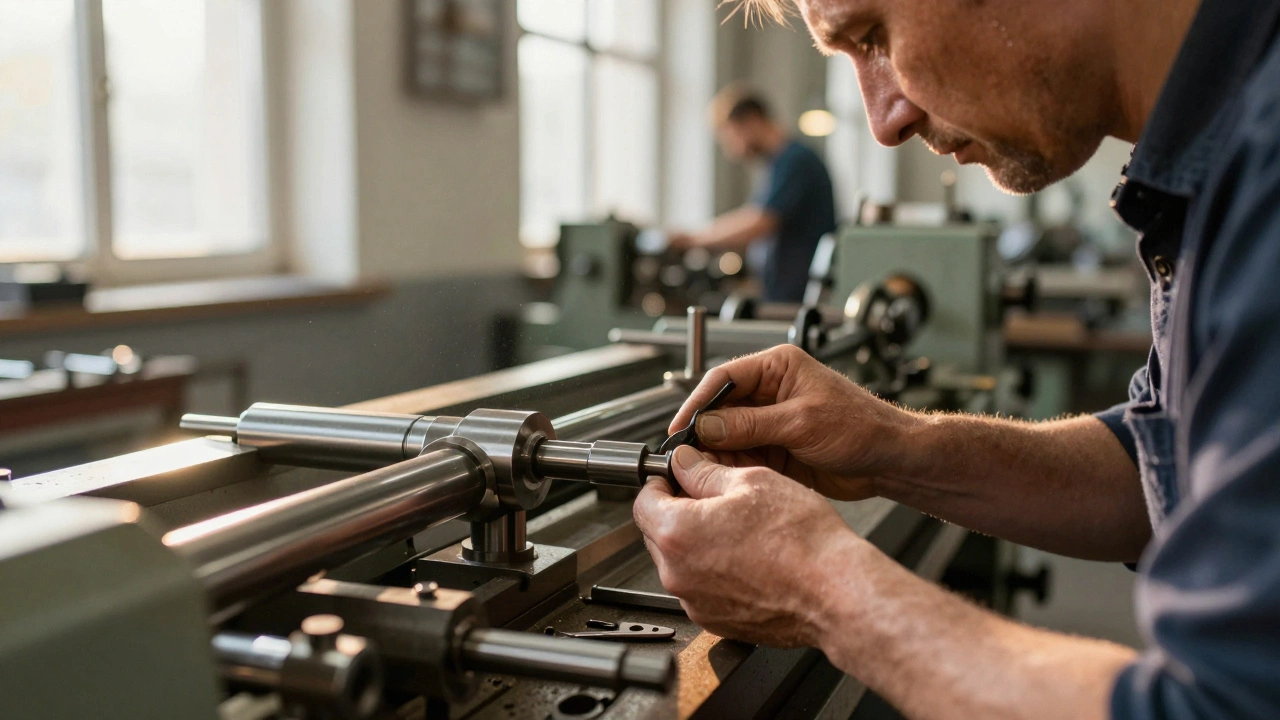 Руки досвідченого токаря налаштовують різець на класичному верстаті, біля — виготовлена деталь.