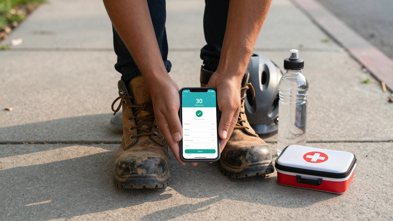 Руки кур'єра з робочими черевиками, шоломом, смартфоном і пляшкою води на тротуарі.