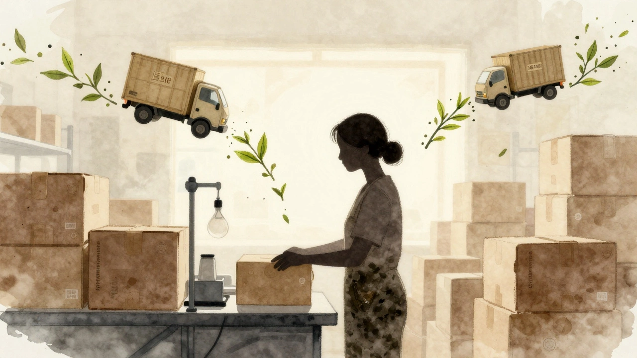 Силует жінки з листками чаю, що перетворюються на вантажівки, символізує шлях чаю до світу