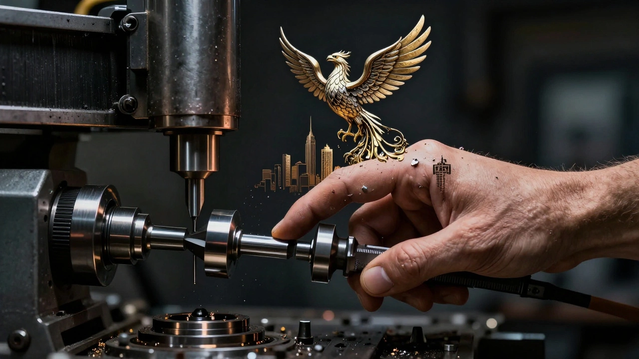 Символічна композиція: рука токаря перетворюється на верстат, над Києвом з’являється фенікс з металевих частинок.