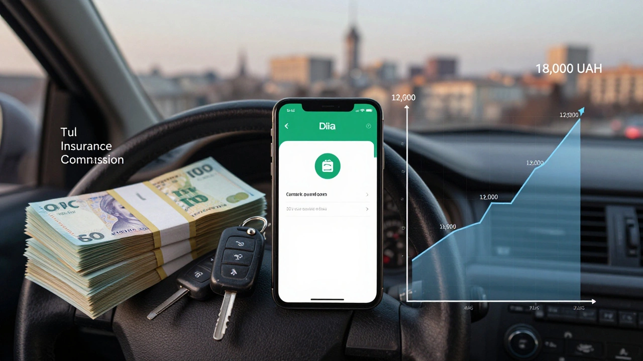 Символічна сцена: витрати та дохід таксиста, ключі від авто та додаток Diia на тлі Києва.