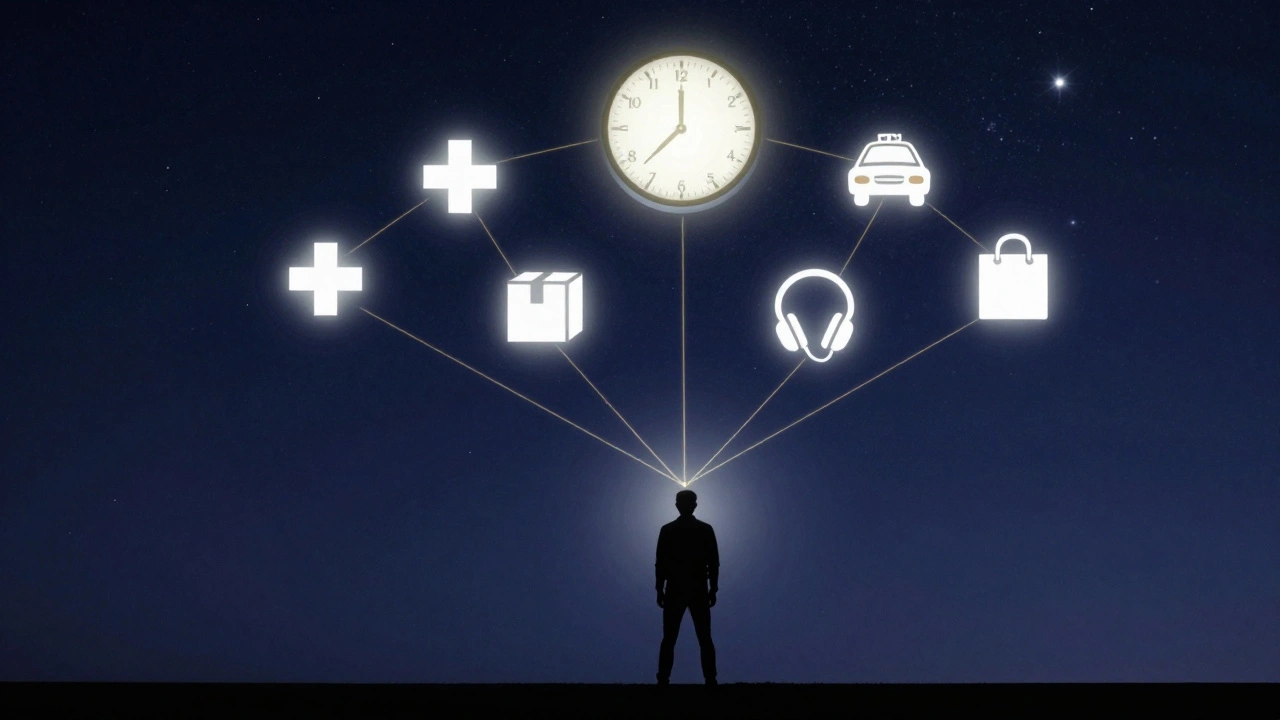 Символічне зображення нічної роботи в Києві: ікони професій плавають навколо годинника вночі під зоряним небом.