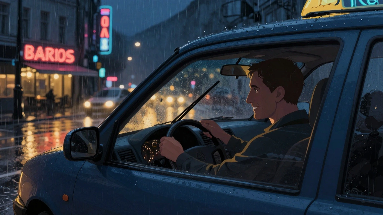 Таксі в дощеву ніч у Києві, водій дивиться на екран, вулиці відбивають неонове світло.