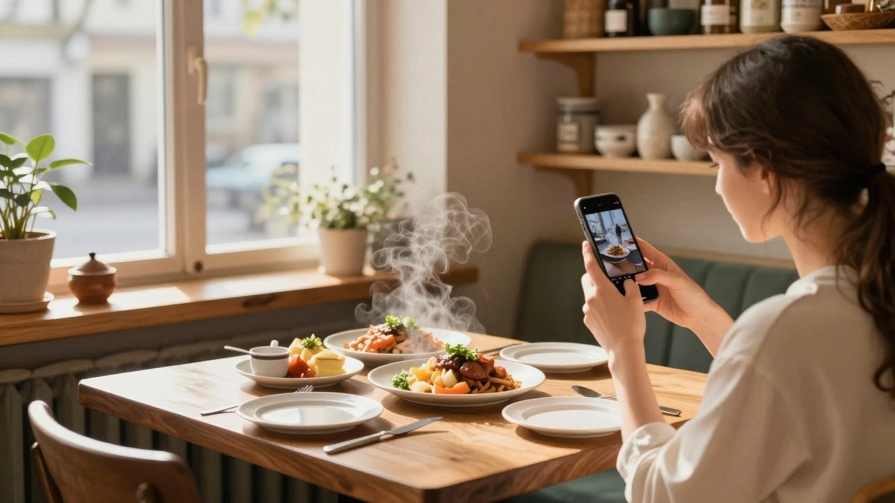 Жінка фотографує страви в кав’ярні Києва, освітлена природним світлом.