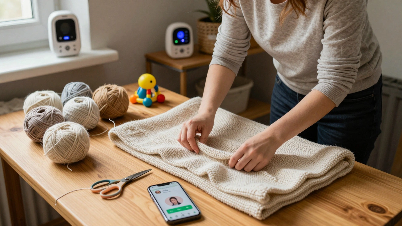 Жінка розкладає в’язані пелюшки для продажу вдома, біля неї — смартфон і монітор дитини.