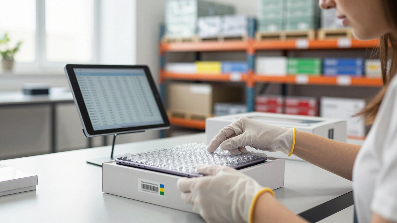 Жінка упаковує електроніку на складі, скануючи штрих-коди та пакуючи товари в коробки.