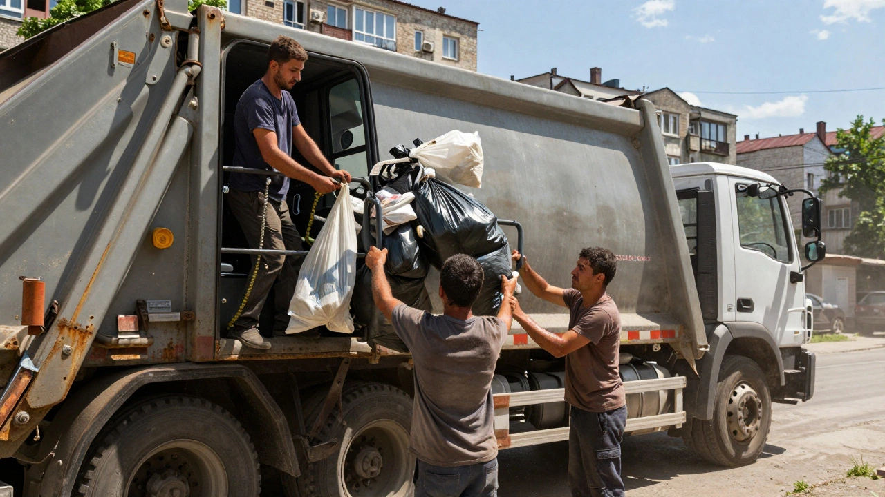 Два робітники завантажують сміттєвий контейнер на сміттєвоз у Дарниці літом.