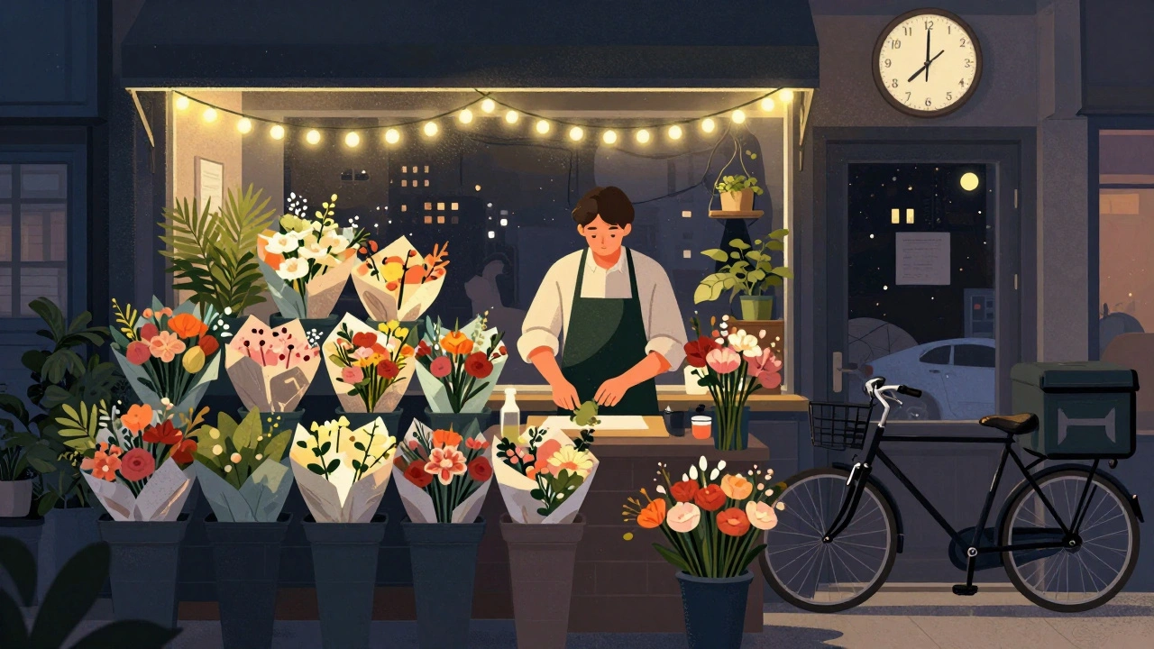 Флорист працює ночі перед 8 Березня, оточений готовими букетами під м’яким світлом.