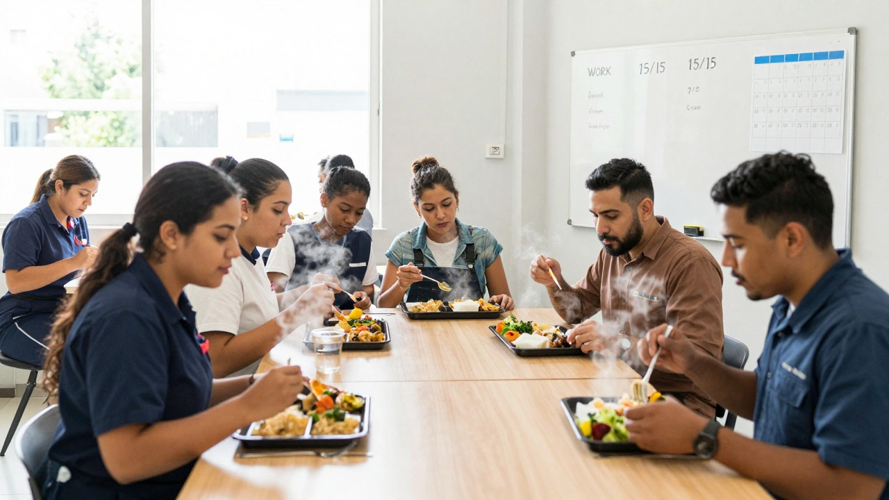 Група працівників їдять у їдальні компанії, на стіні — графік змін.