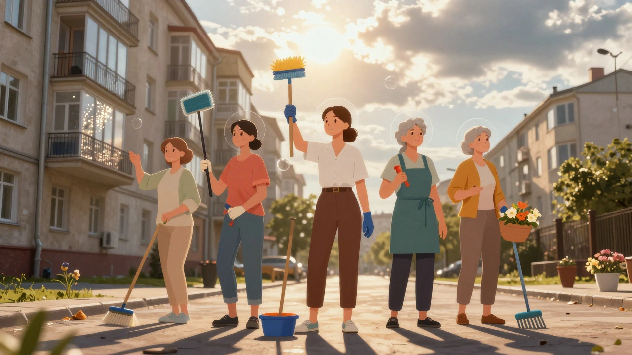 Група жінок різного віку разом перед будинком у Києві з інструментами для прибирання.