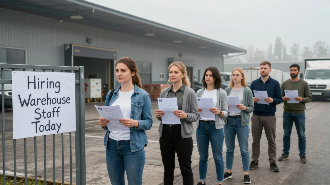 Люди чекають на прийом на роботу кладовщиком на вході до логістичного центру в Оболоні, Київ.