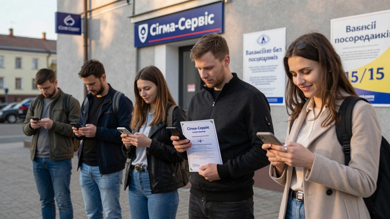 Люди в Києві переглядають вакансії охоронців без посередників на телефонах.