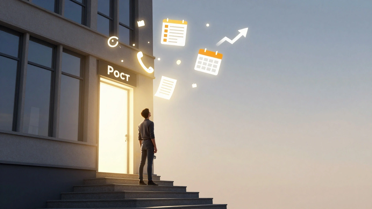 Людина дивиться вгору до дверей з написом 'Рост', навколо — ікони навичок для офісної роботи.