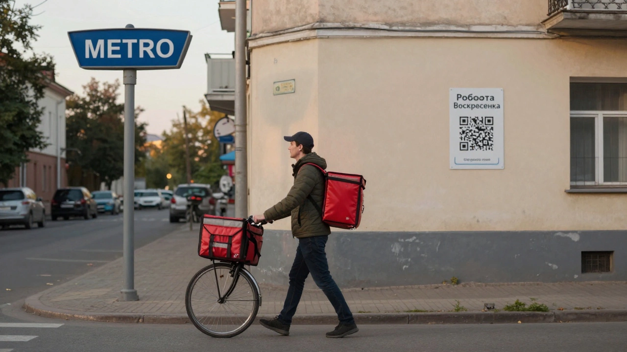 Людина з велосипедом і кур'єрським мішком йде вулицею Воскресенки під сонячним світлом.