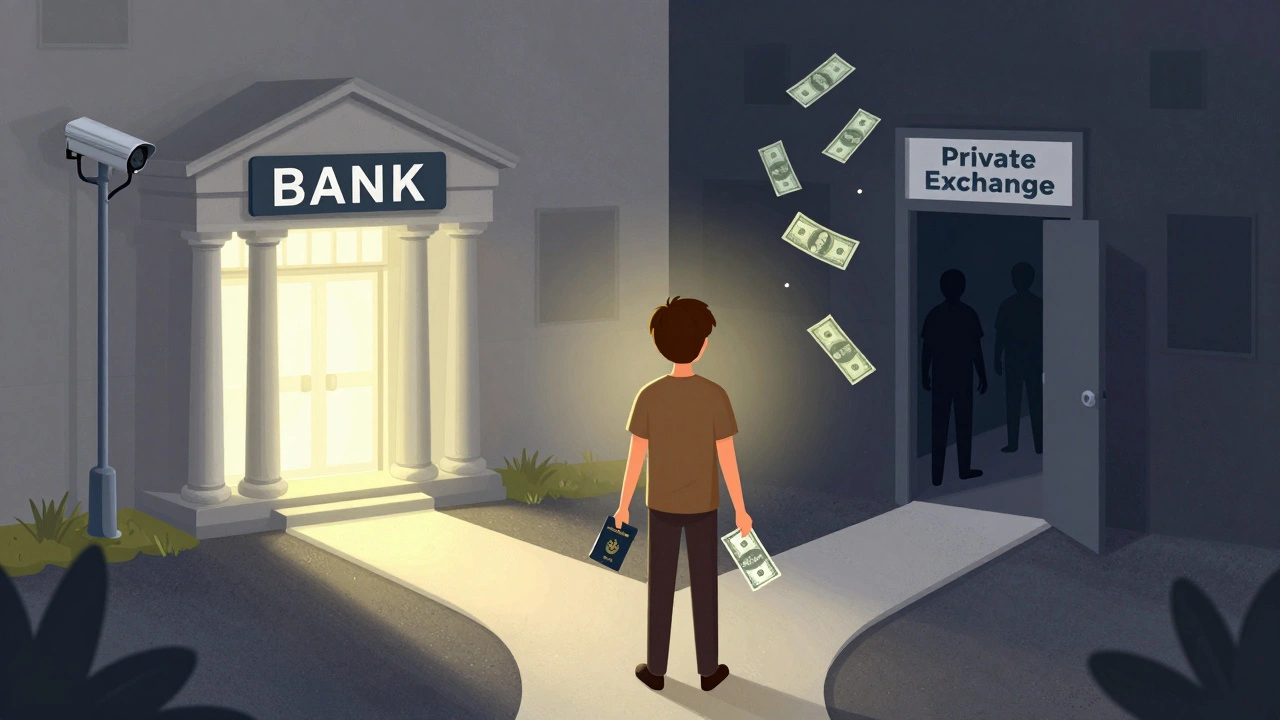 Молода людина стоїть на роздоріжжі між безпечним банком і підозрілою приватною обмінною кімнатою.