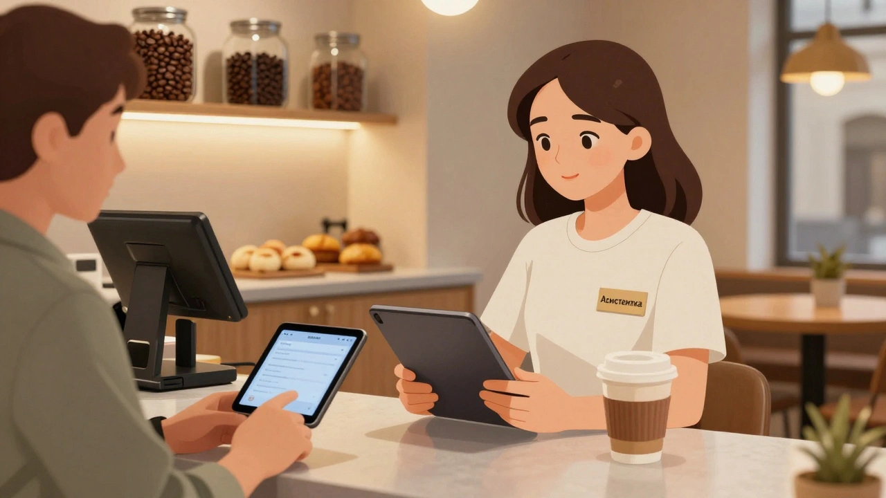 Молоденька асистентка в кав’ярні подає каву клієнту, на тлі — сучасний інтер’єр.