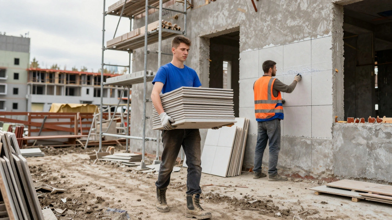 Молодий помічник переносить плитку на будівельній майданчику, майстер робить розмітку на стіні.