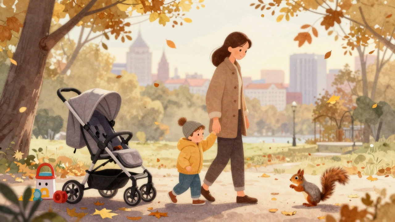 Няня гуляє з дитиною у київському парку осіннім днем, листя падає навколо, дитина тримає її за руку.