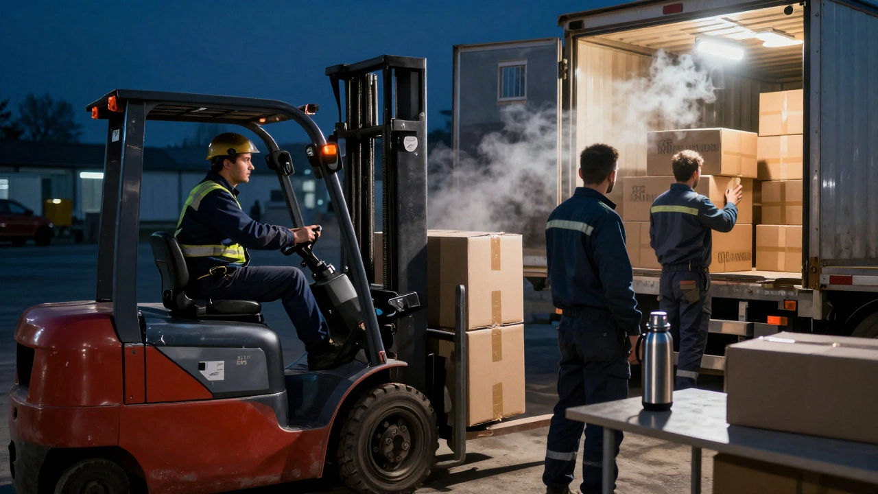 Нічна зміна на складі в Києві: водій-навантажувач завантажує вантажівку, працівники працюють під яскравим світлом.
