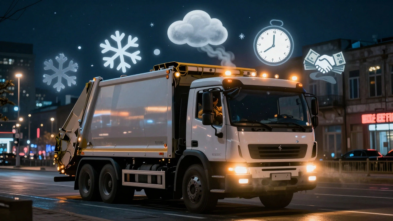 Нічний водій сміттєвоза в Києві під світлом фар, оточений символами роботи.