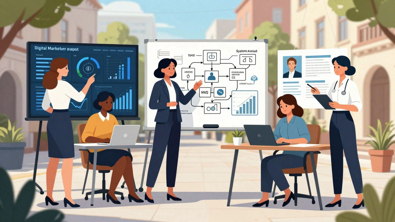 П'ять жінок у професійних ролях: аналітик, маркетолог, консультант, керівник проекту — разом у міському дворі.