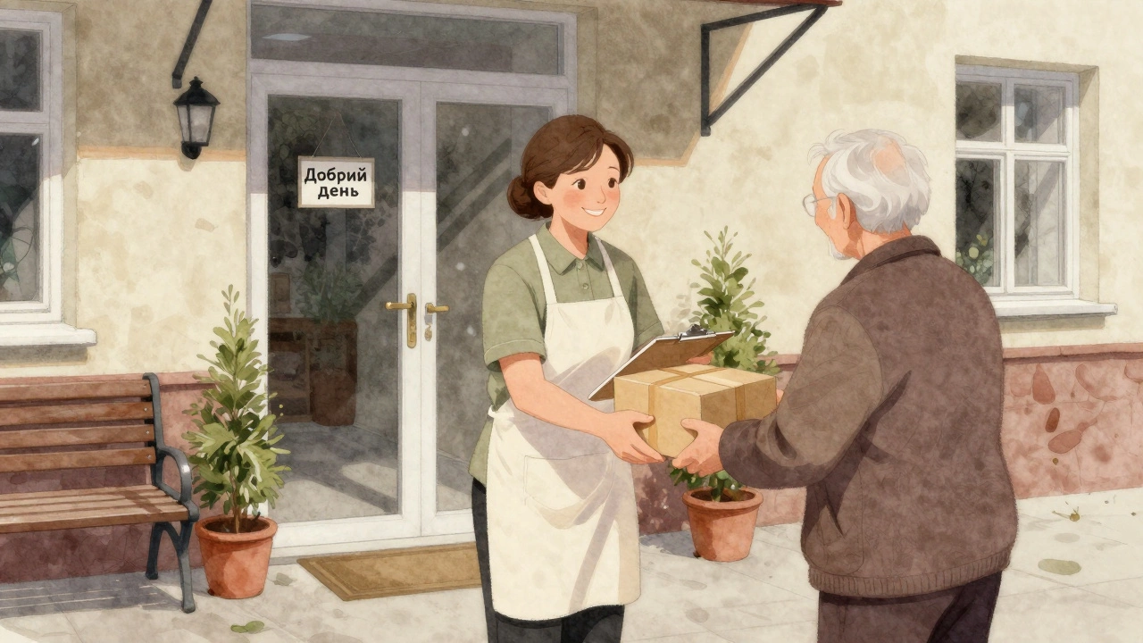 Пенсіонерка як консьєрж передає посилку мешканцю від входу в будинок.