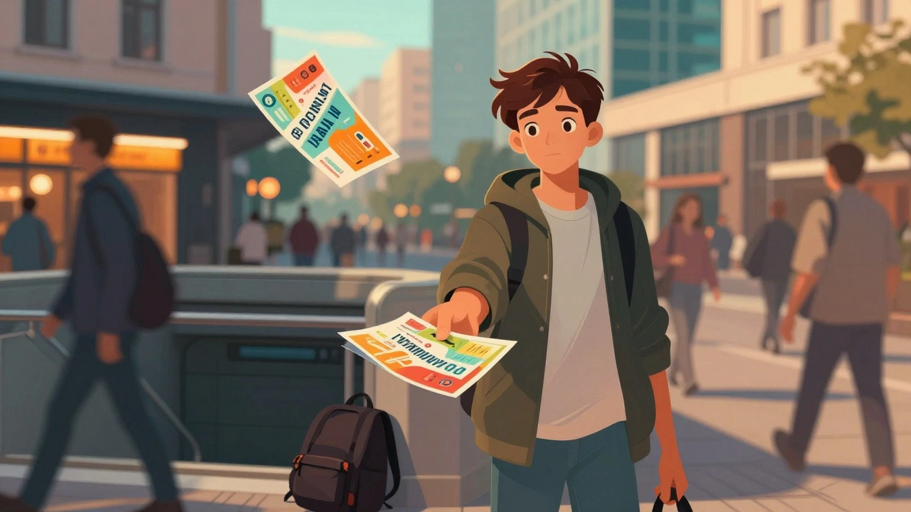 Підліток роздає листівки біля метро в Києві під золотистим вечірнім світлом.