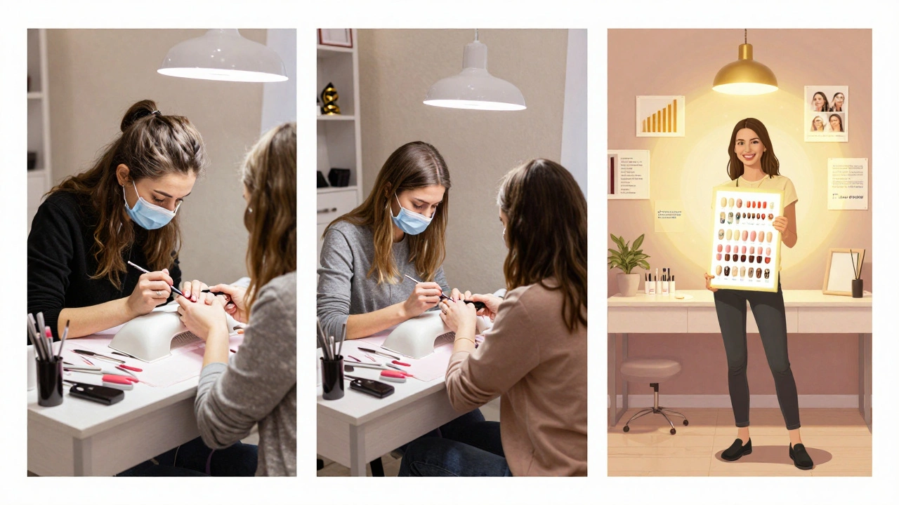 Подорож манікюрниці: від навчання до власного салону, символізуючи ріст професії та доходу.