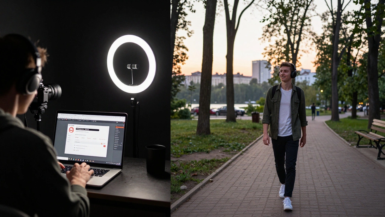 Порівняння: одна сторона — робота з вебкамерою вночі, інша — прогулянка в парку вранці.