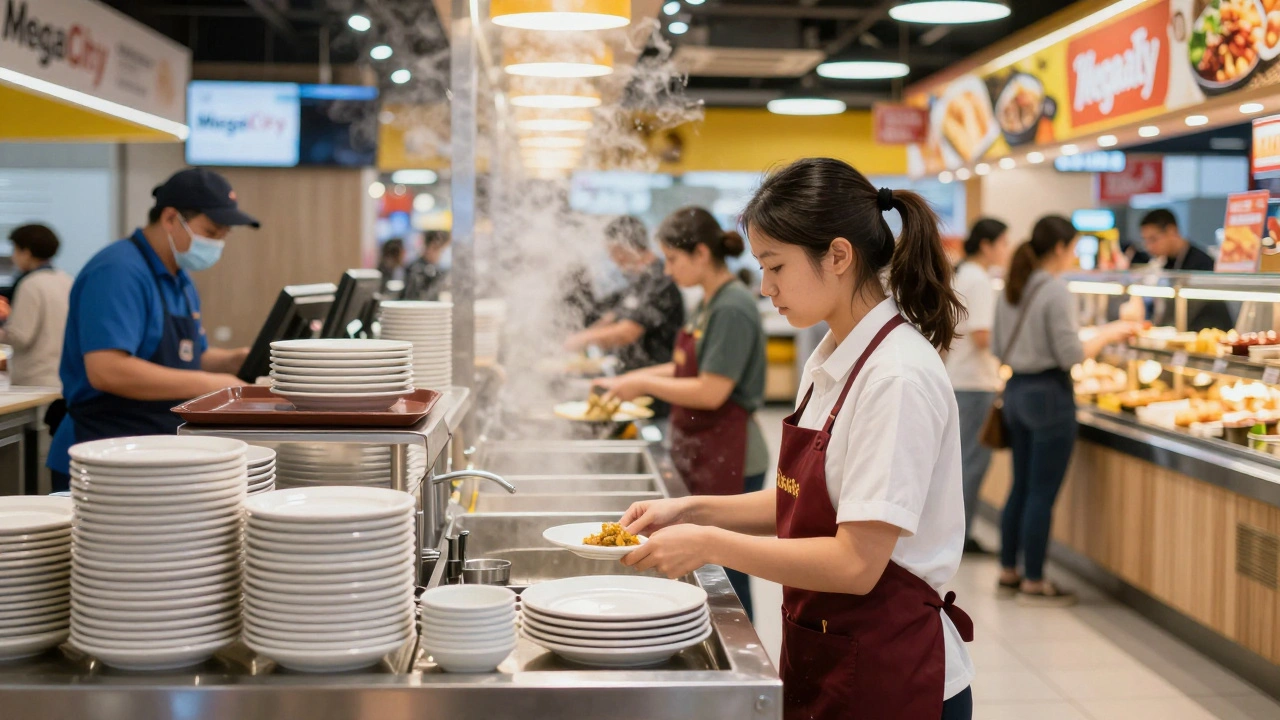 Посудомийщиця працює в їдальні ТРЦ, навколо — купи посуду, гаряча вода, рухливий тлум.