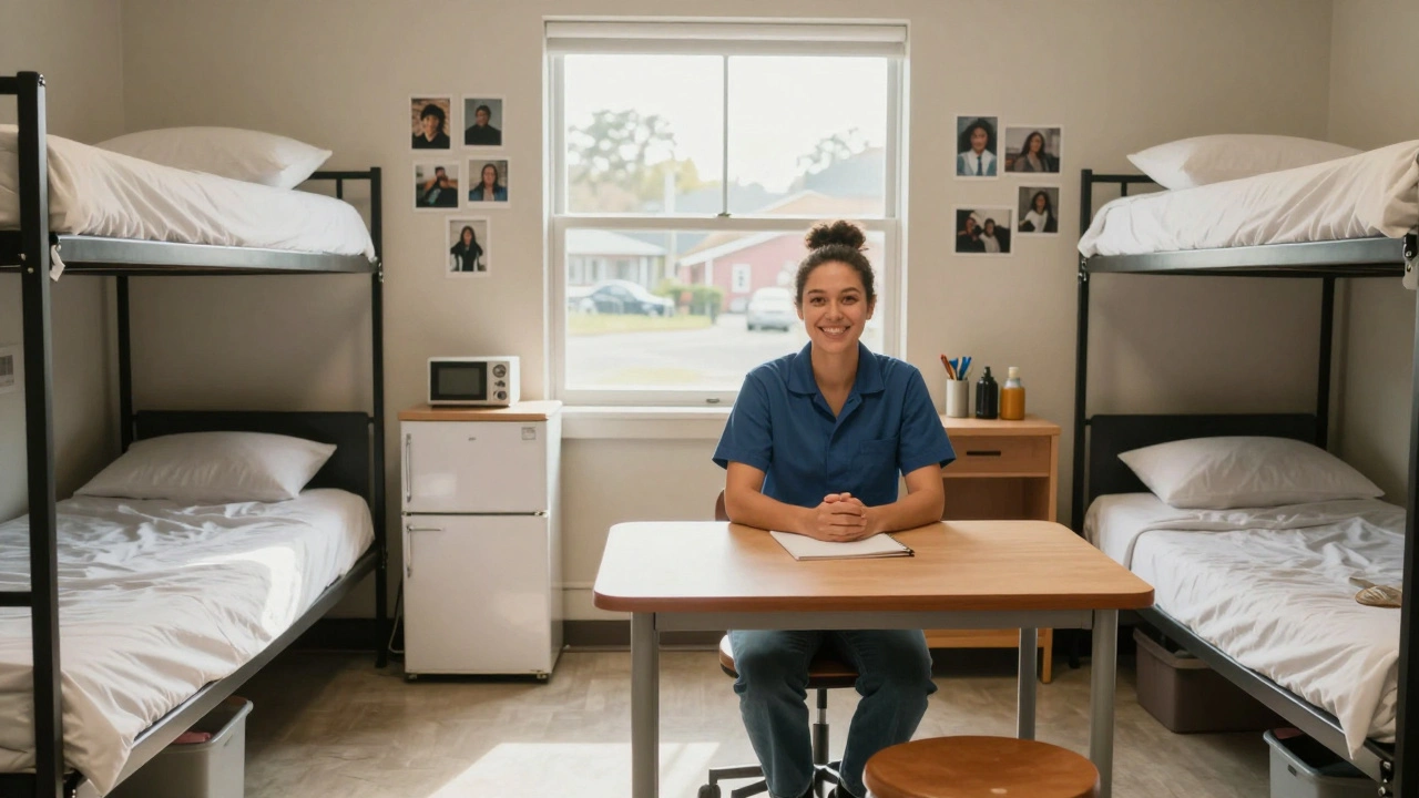 Працівниця складу сидить у спільній кухні у службовому гуртожитку.