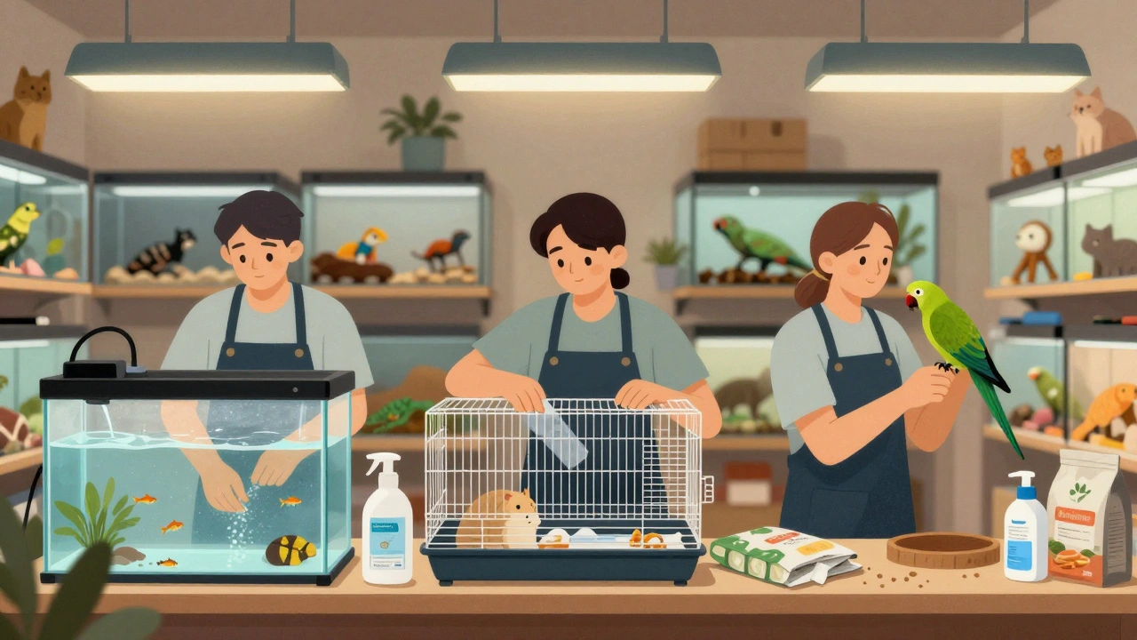 Працівник одночасно доглядає за рибками, хом’яком і птахом у зоомагазині.
